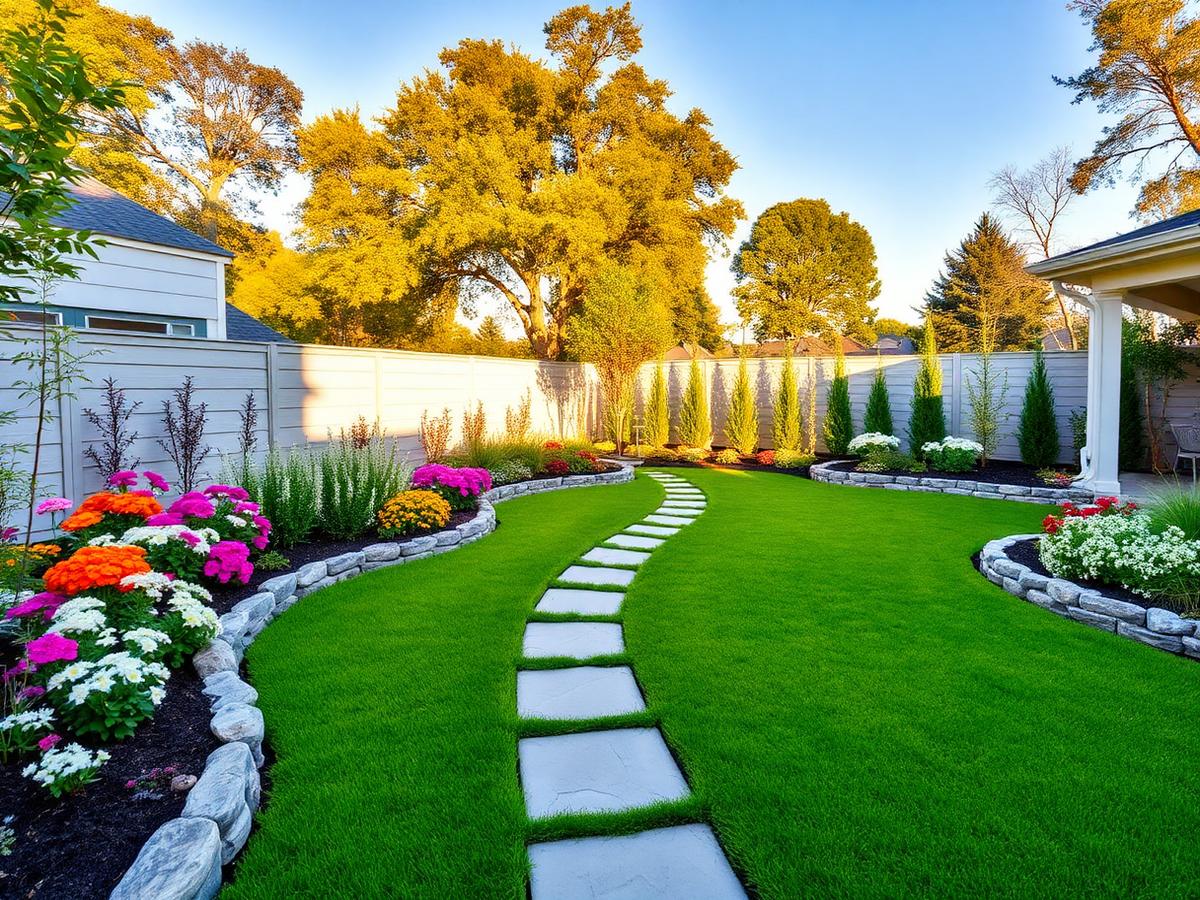 Jardín residencial transformado con césped, senderos y canteros floridos