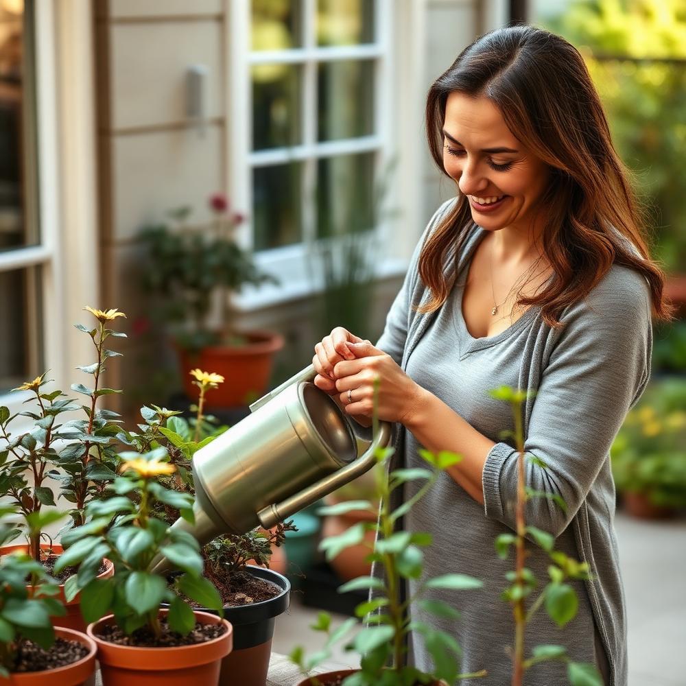 Mujer cuidando las plantas de su propio jardín