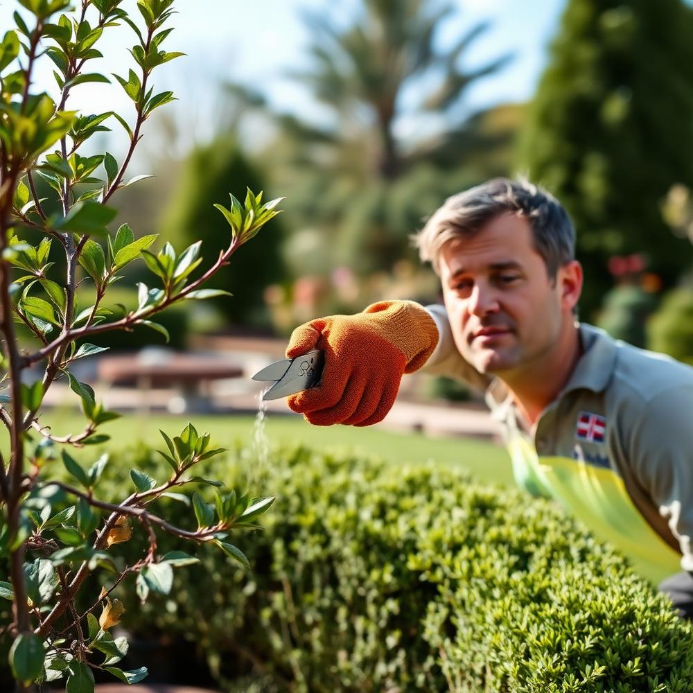 Paisajista profesional podando un arbusto en un jardín